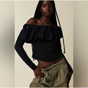 Free people everything always black long sleeve ruffle top black size small new